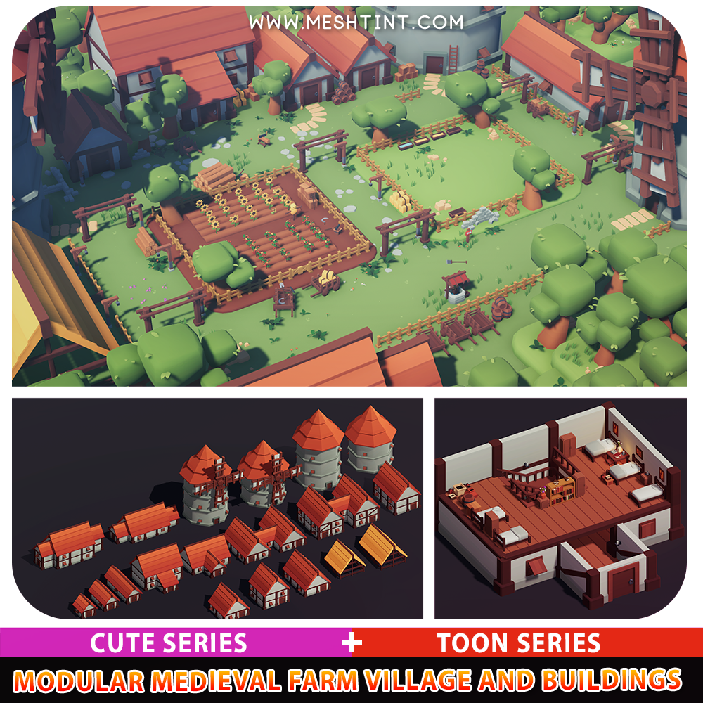 Meshtint Studio - Modular Medieval Farm Village Buildings Pack Cute Series  and Toon Series | FREE 3D Model | Tutorial | Learn Unity | Art Outsource