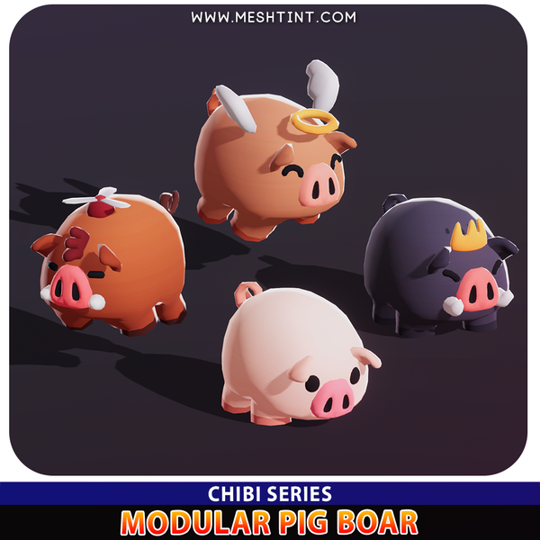 Modular Pig Boar Chibi Meshtint 3d model unity low poly game fantasy monster evolution Pokemon 