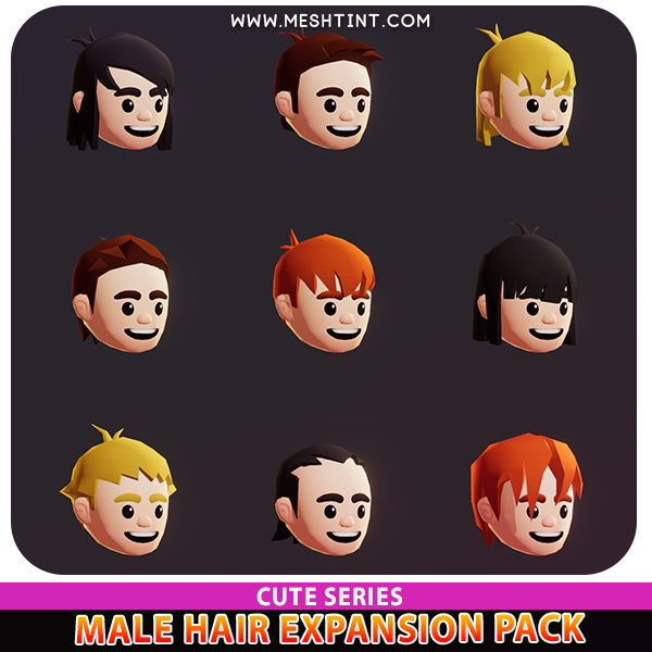 Male Hair Meshtint 3d model modular character unity low poly game fantasy boy man men hero customize